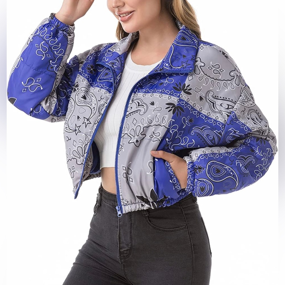 New - Blue Women's Quilted Lightweight Cropped Bandana Windbreaker Jacket - Picture 4 of 13